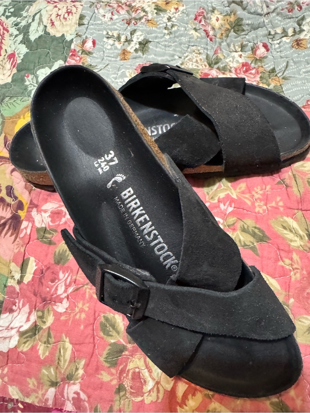 Birkenstock Women’s Black Suede Cross-Band Slide Sandals